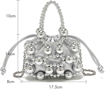 Beaded Leather Drawstring Handbag
