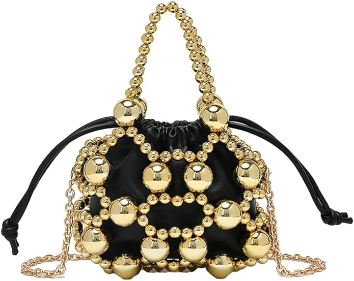 Beaded Leather Drawstring Handbag