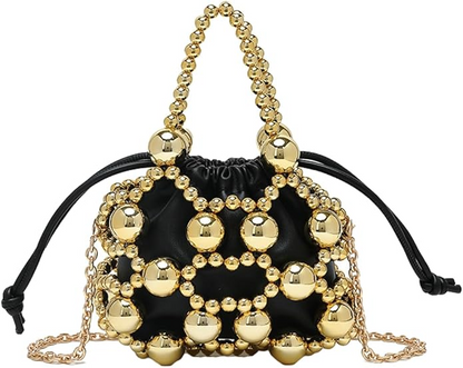 Beaded Leather Drawstring Handbag