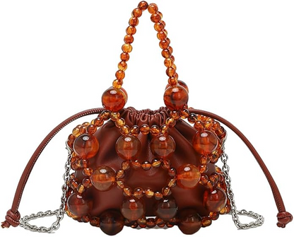 Beaded Leather Drawstring Handbag