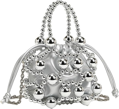 Beaded Leather Drawstring Handbag