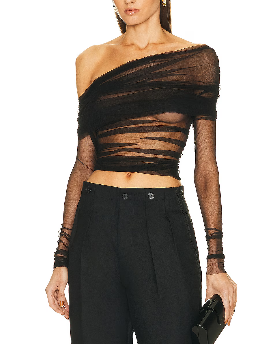 Mesh-Pleated Silk  Top