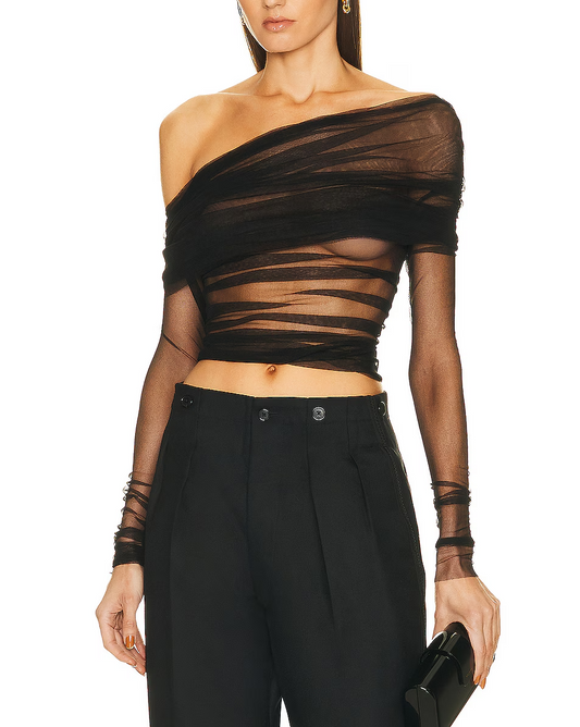Mesh-Pleated Silk  Top