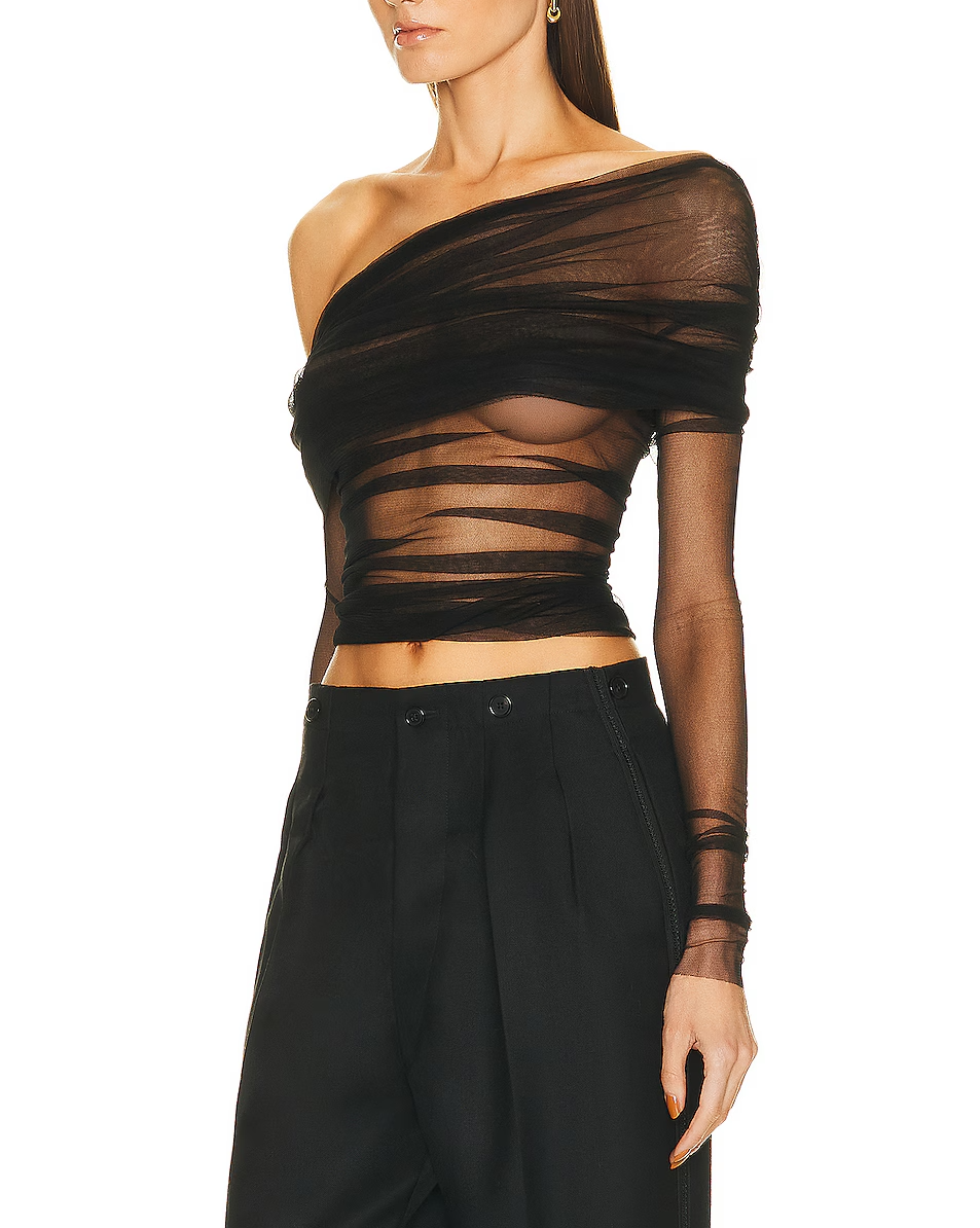 Mesh-Pleated Silk  Top