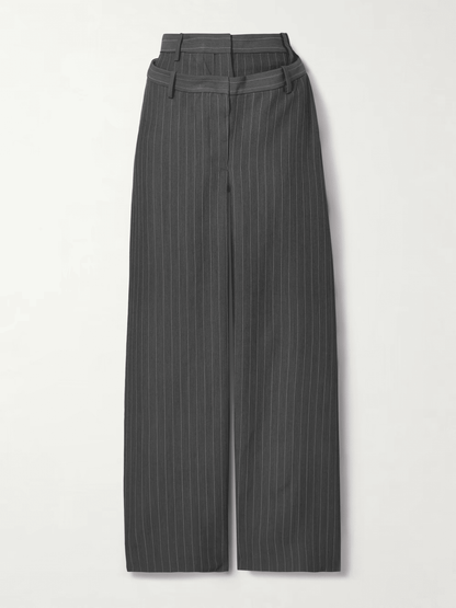 Layered Pinstriped Twill Wide-Leg Pants