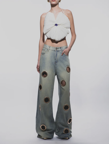 Cutout Low-Waisted Wide-Leg Jeans