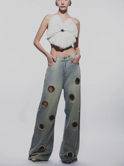 Cutout Low-Waisted Wide-Leg Jeans