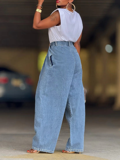 Irregular-Pleated Jeans