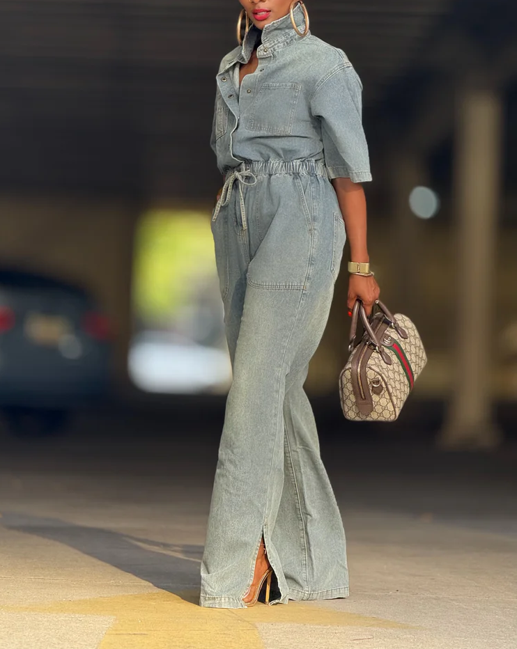 Elastic Waist Denim Jumpsuit