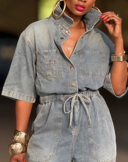Elastic Waist Denim Jumpsuit