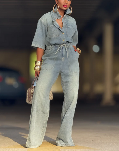 Elastic Waist Denim Jumpsuit