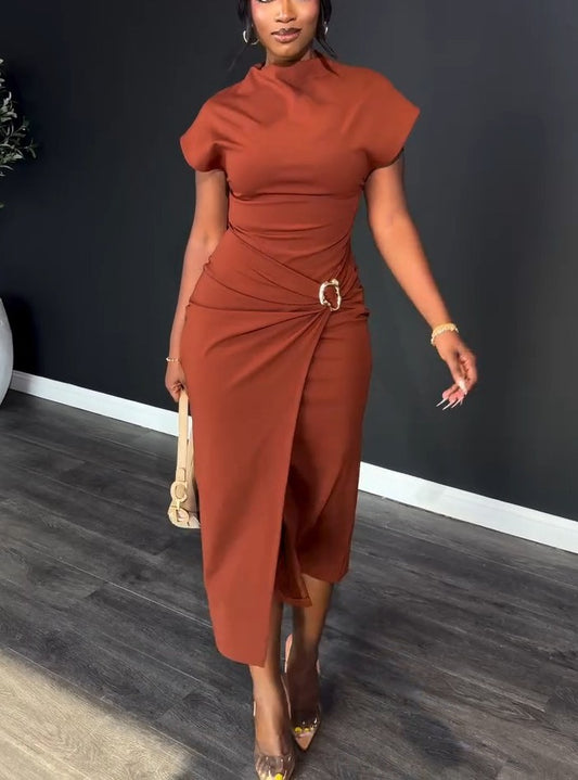 Elastic-Pleated Metal Buckle Dress