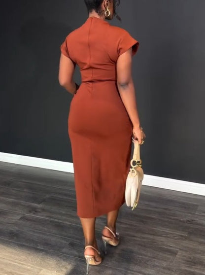 Elastic-Pleated Metal Buckle Dress