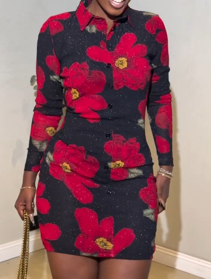 Long-Sleeve Printed Slim-Fit Dress with Shimmering