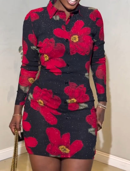Long-Sleeve Printed Slim-Fit Dress with Shimmering