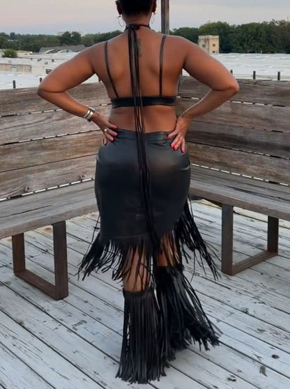 Leather Top+ Fringe Skirt