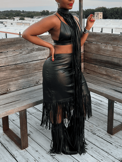 Leather Top+ Fringe Skirt