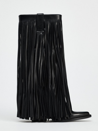 Fringe-Trimmed Leather Cowboy Boots