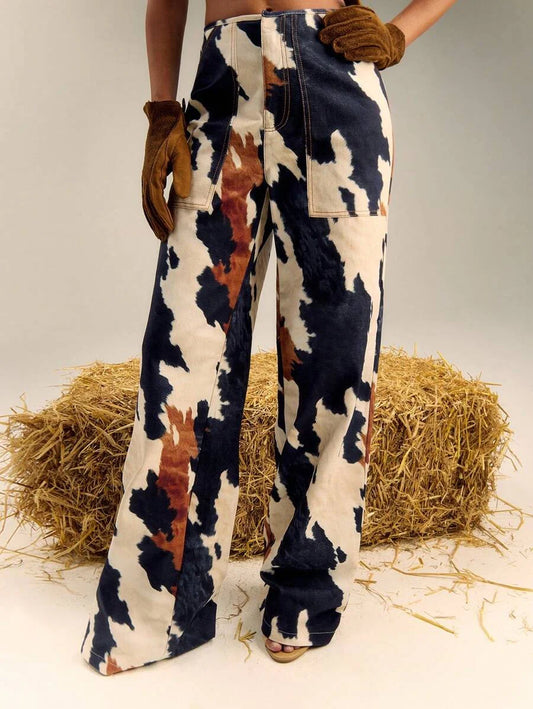 Cow print straight-leg pants