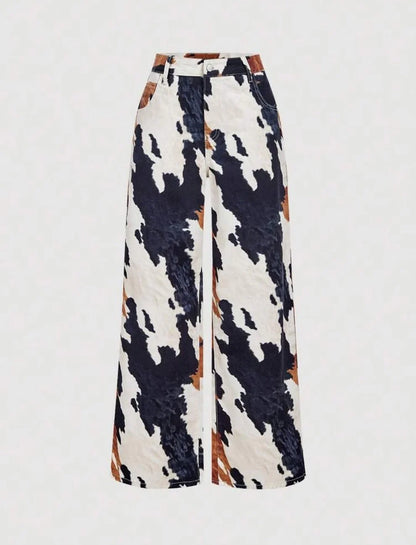 Cow print straight-leg pants