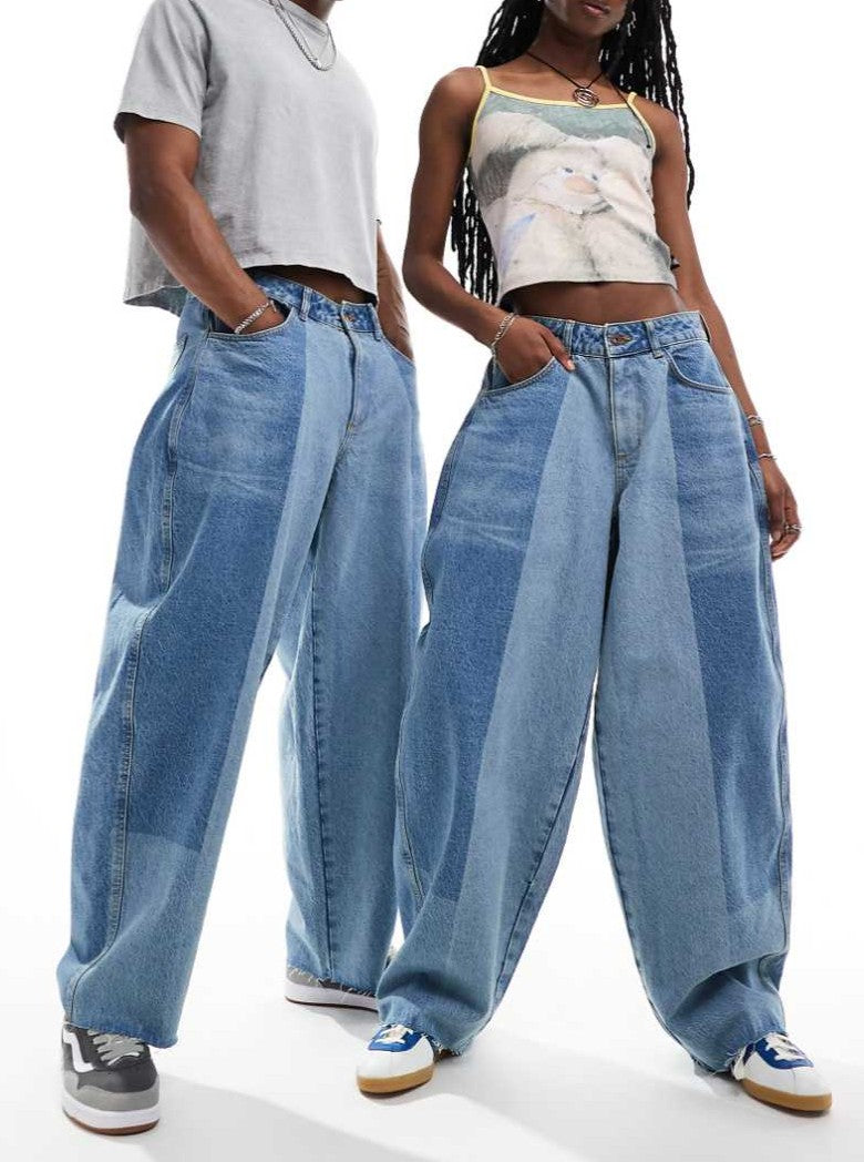 Unisex Balloon Jeans In Patchwork Midwash