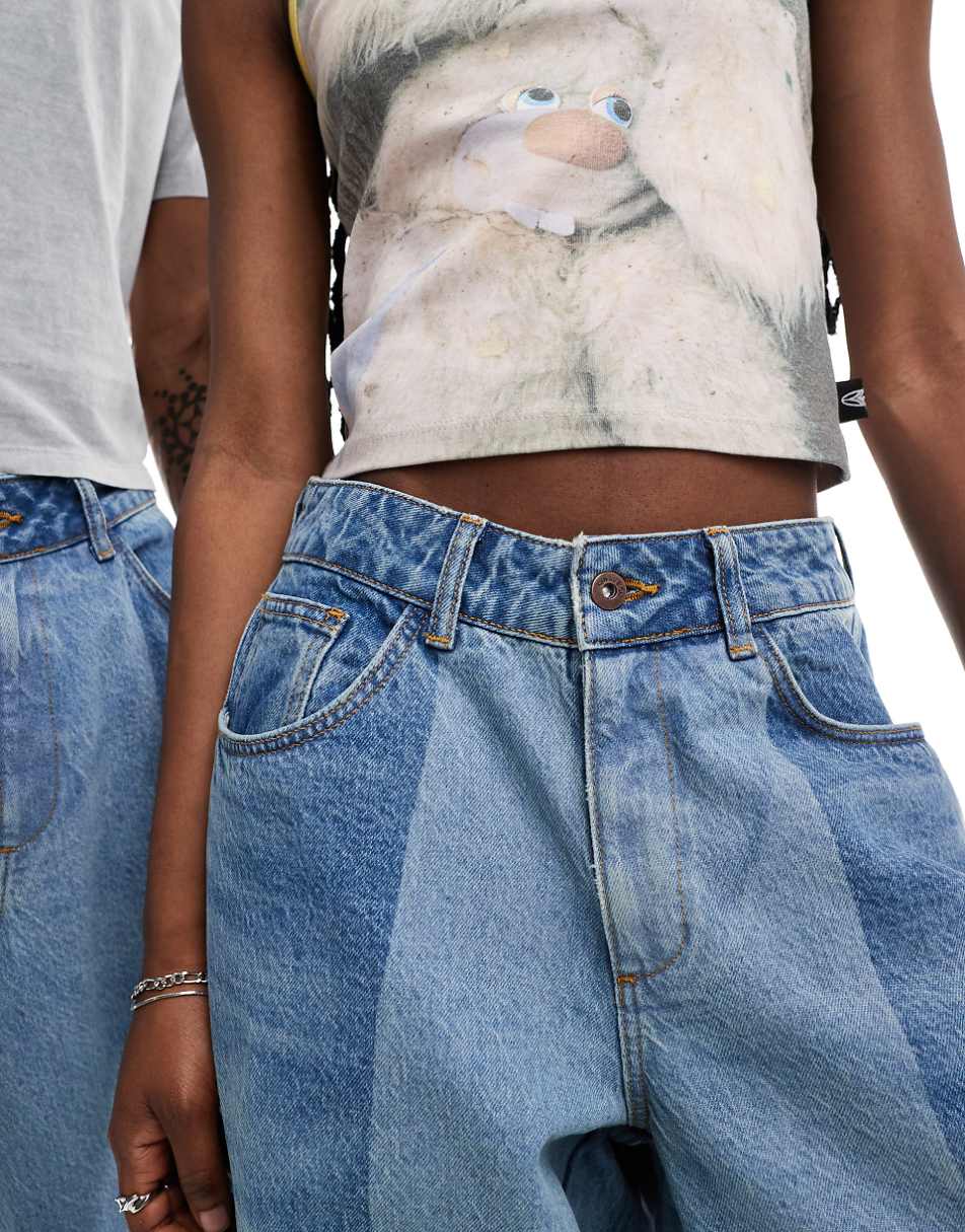 Unisex Balloon Jeans In Patchwork Midwash