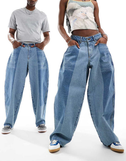 Unisex Balloon Jeans In Patchwork Midwash