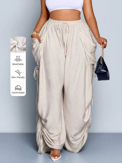 Solid Color Wide-Leg Loose Pants With Large Pockets