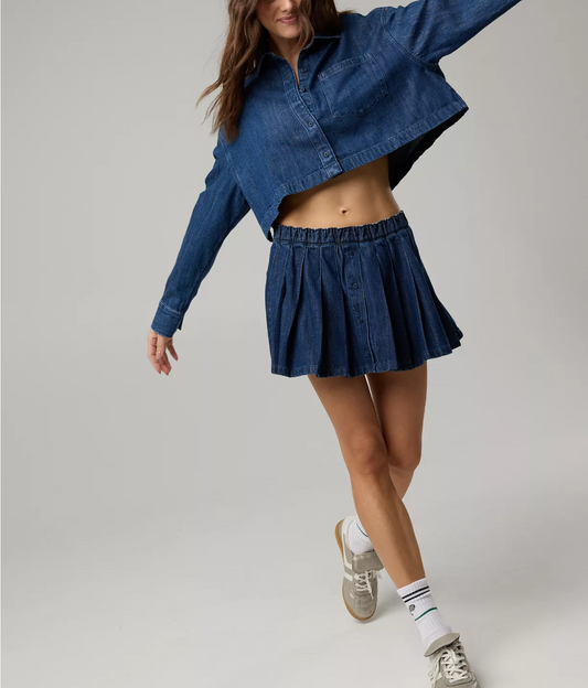 Cropped Button Denim Top + Button Skirt