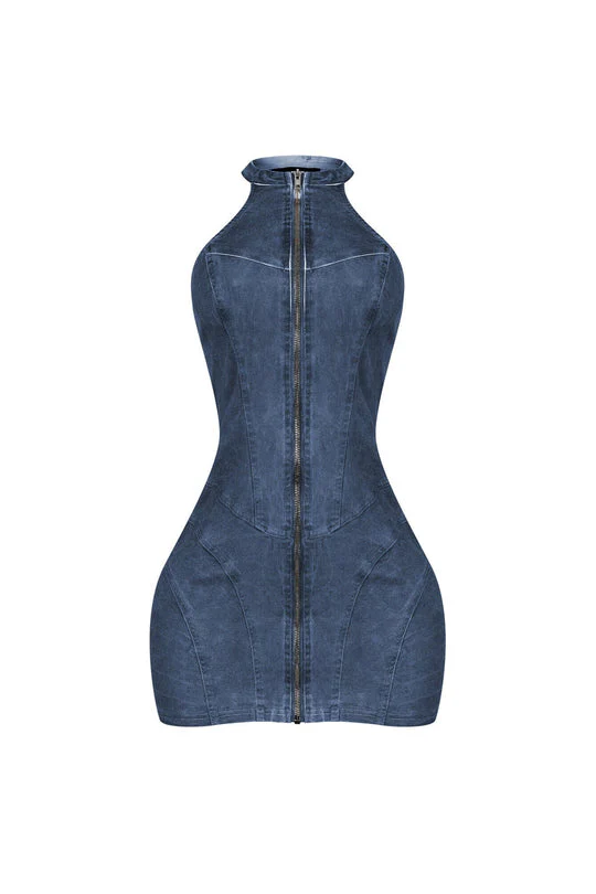 Denim Washed Halter Zip Up Mini Dress