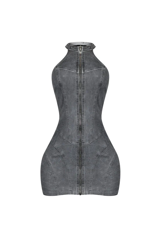 Denim Washed Halter Zip Up Mini Dress