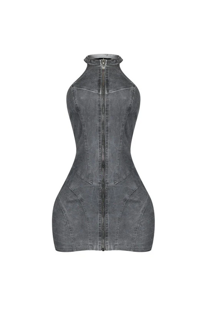 Denim Washed Halter Zip Up Mini Dress