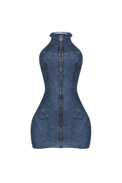 Denim Washed Halter Zip Up Mini Dress