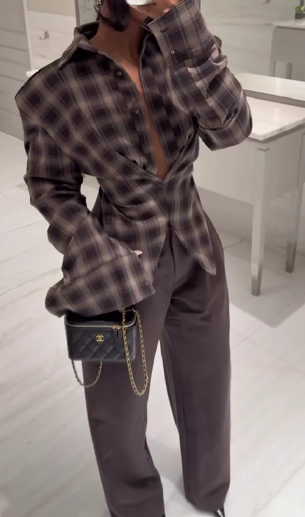 Brown plaid shirt + trousers set