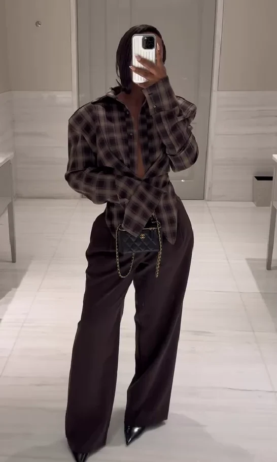 Brown plaid shirt + trousers set