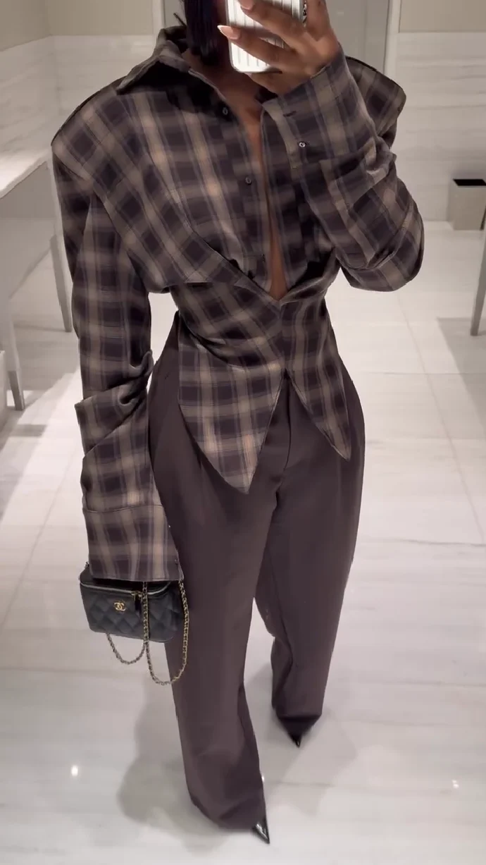 Brown plaid shirt + trousers set