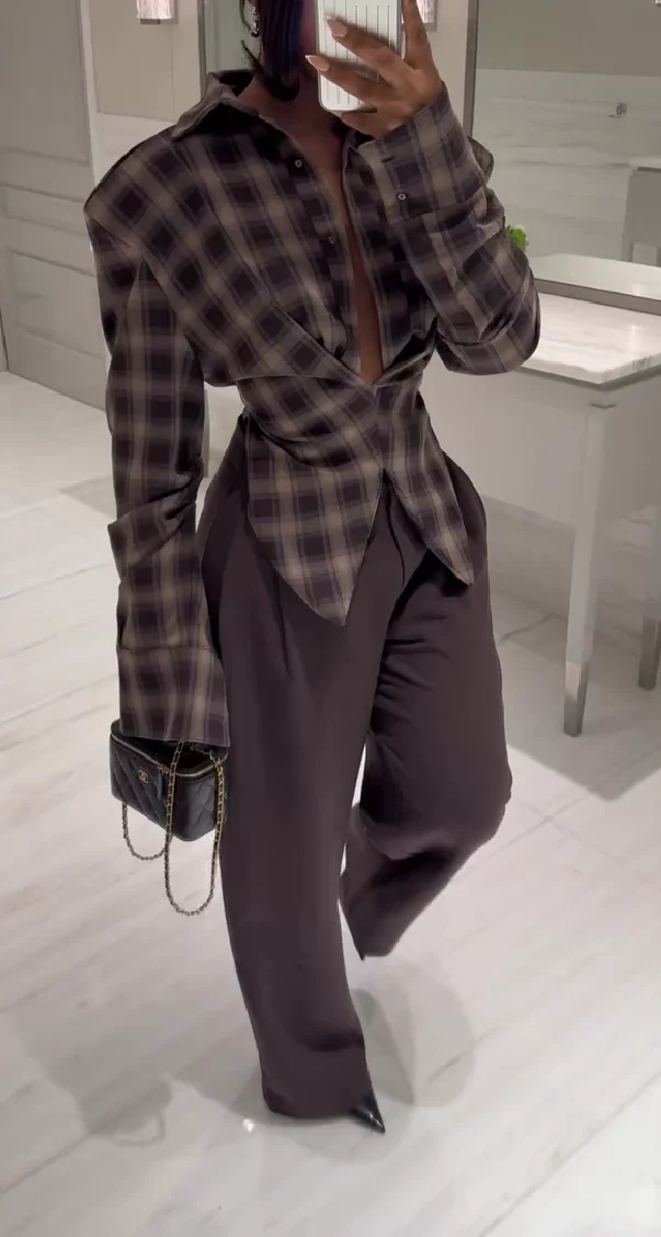 Brown plaid shirt + trousers set