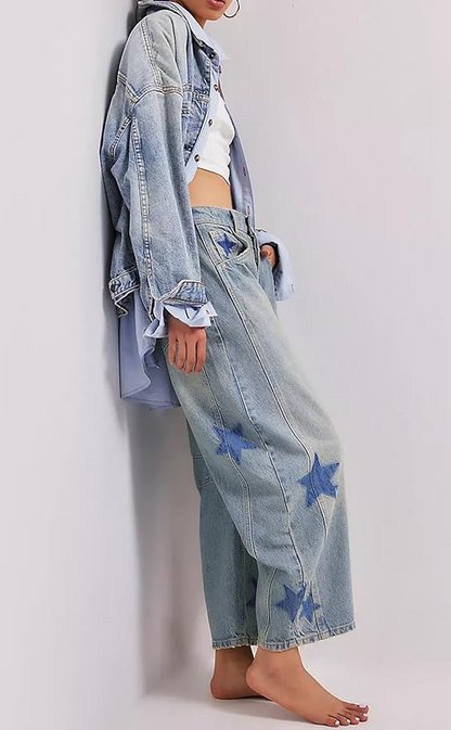 Wide Leg Printed Denim Pants
