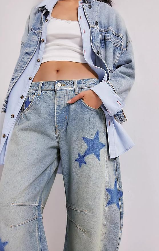 Wide Leg Printed Denim Pants