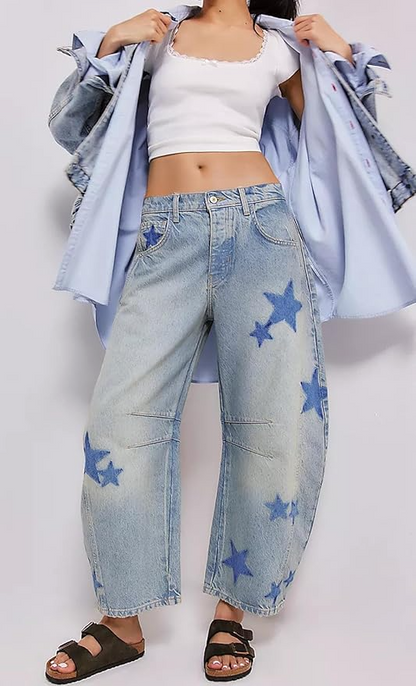 Wide Leg Printed Denim Pants