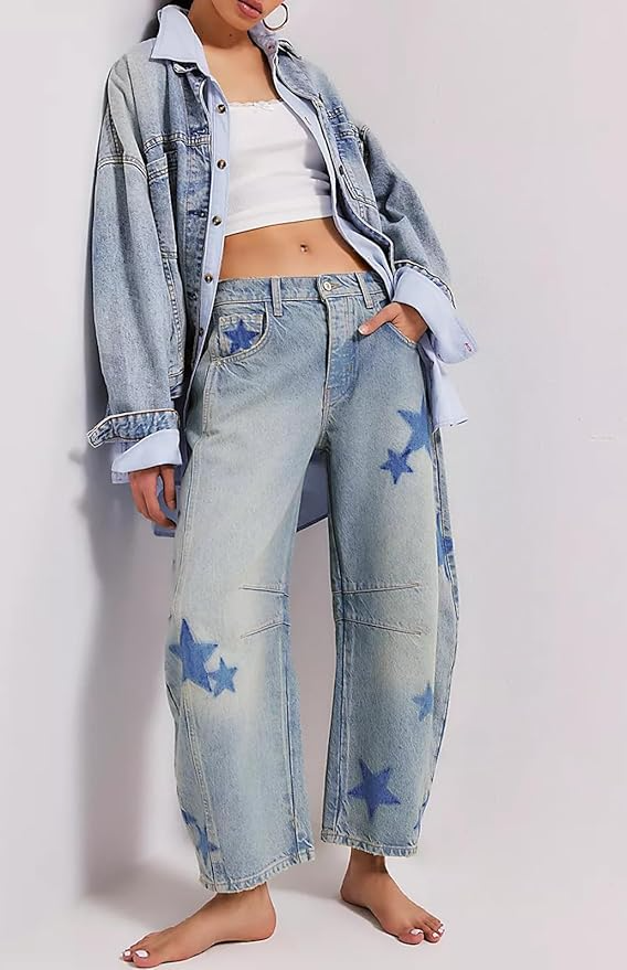 Wide Leg Printed Denim Pants