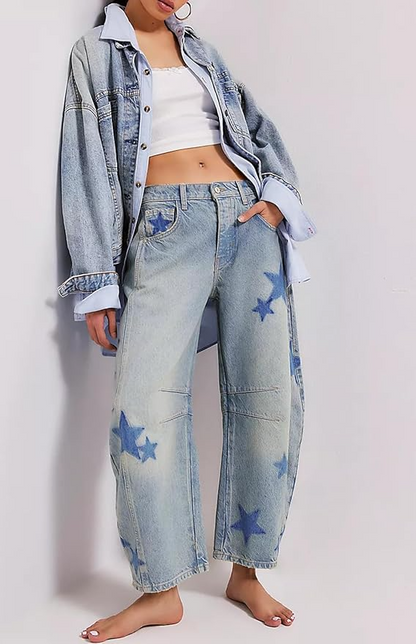 Wide Leg Printed Denim Pants