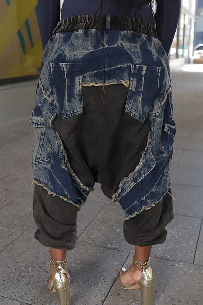 Mid Waist Casual Pocket Patchwork Harem Denim Jeans