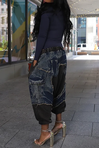 Mid Waist Casual Pocket Patchwork Harem Denim Jeans