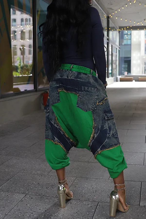 Mid Waist Casual Pocket Patchwork Harem Denim Jeans