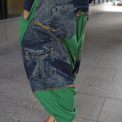 Mid Waist Casual Pocket Patchwork Harem Denim Jeans