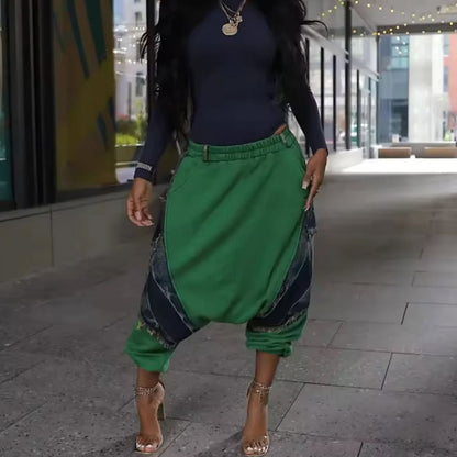 Mid Waist Casual Pocket Patchwork Harem Denim Jeans