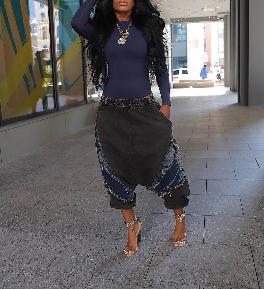 Mid Waist Casual Pocket Patchwork Harem Denim Jeans