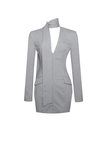 V Neck Pinstripes Gray Blazer Dress With Scarf Collar