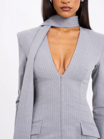 V Neck Pinstripes Gray Blazer Dress With Scarf Collar